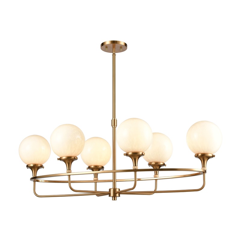 Beverly Hills 6-Light Island Light in Satin Brass with White Feathered Glass by ELK Lighting