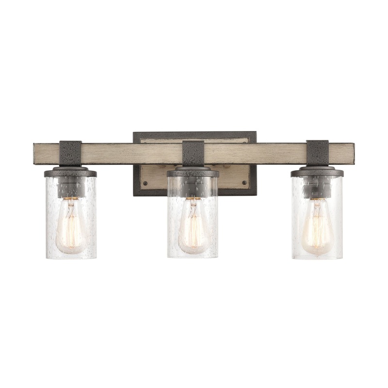 Crenshaw Vanity Light in Anvil Iron and Distressed Antique Graywood with Seedy Glass by ELK Lighting