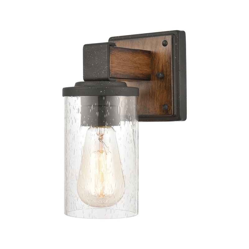 ELK Lighting's Crenshaw Vanity Light in Ballard Wood and Distressed Black with Seedy Glass