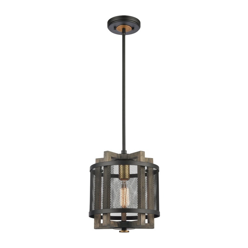 Woodbridge 1-Light Mini Pendant in Weathered Oak and Aged Brass with Matte Black Metal Mesh by ELK Lighting