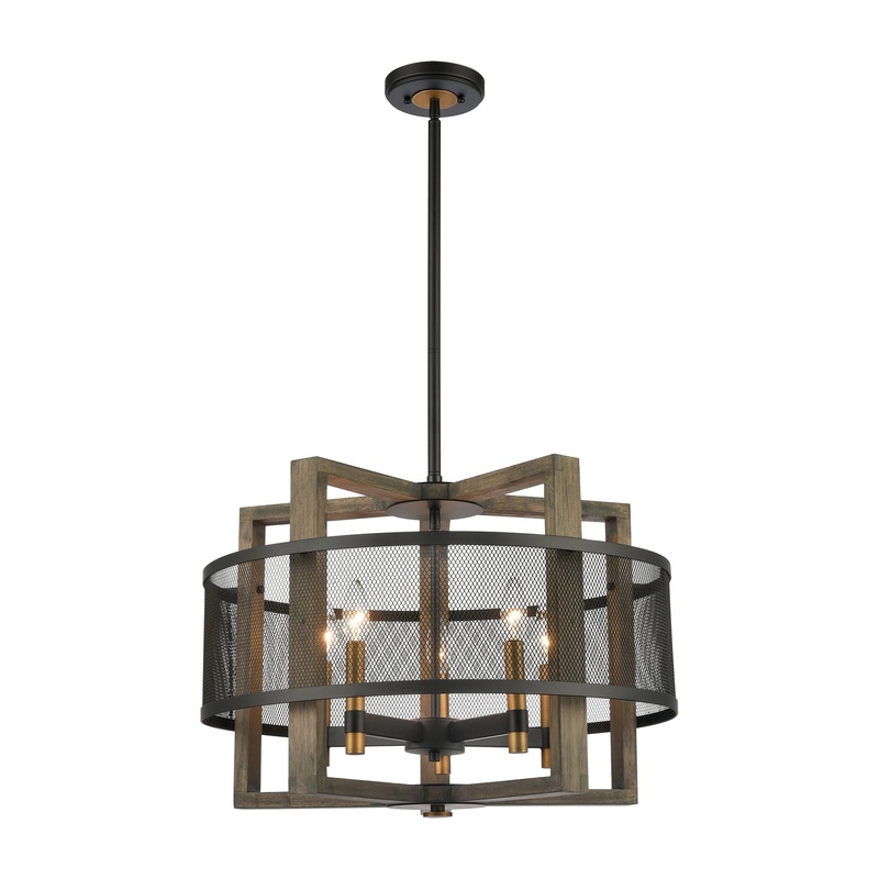 Woodbridge 5-Light Chandelier in Weathered Oak and Aged Brass with Matte Black Metal Mesh by ELK Lighting