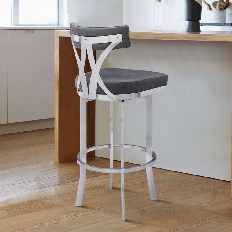 Natalie 26" Counter Height Vintage Grey Faux Leather Upholstery and Brushed Stainless Steel Bar Stool By Armen Living