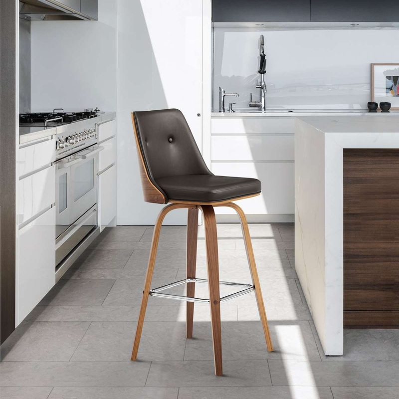 Nolte 30" Swivel Bar Stool in Brown Faux Leather and Walnut Wood By Armen Living