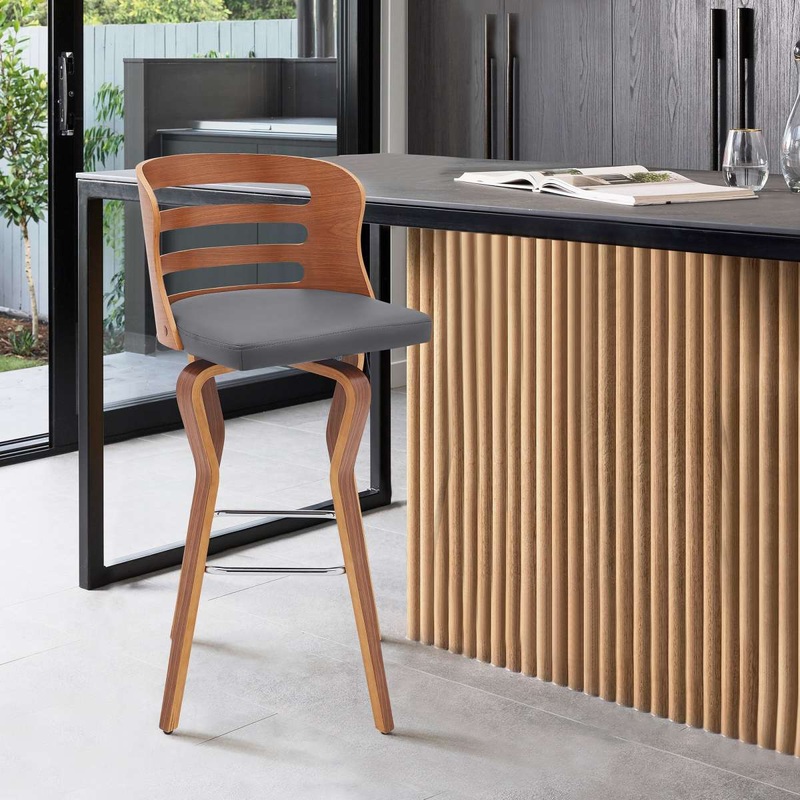 Verne 26" Swivel Gray Faux Leather and Walnut Wood Bar Stool By Armen Living