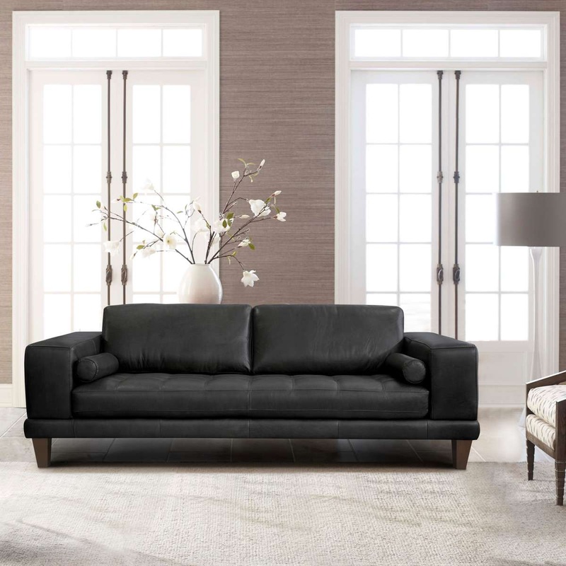 Wynne Contemporary Sofa in Genuine Black Leather with Brown Wood Legs By Armen Living