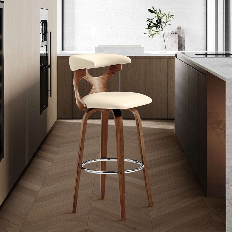 Zenia 26" Swivel Counter Stool in Cream Faux Leather and Walnut Wood By Armen Living