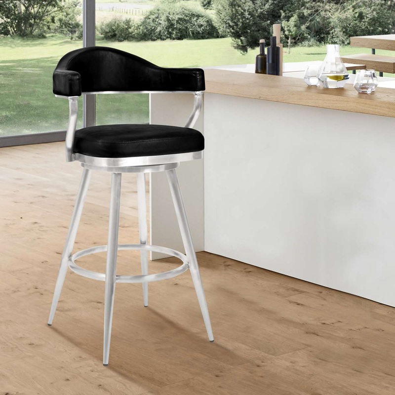 Amador 26" Counter Height Barstool in Brushed Stainless Steel and Vintage Black Faux Leather By Armen Living