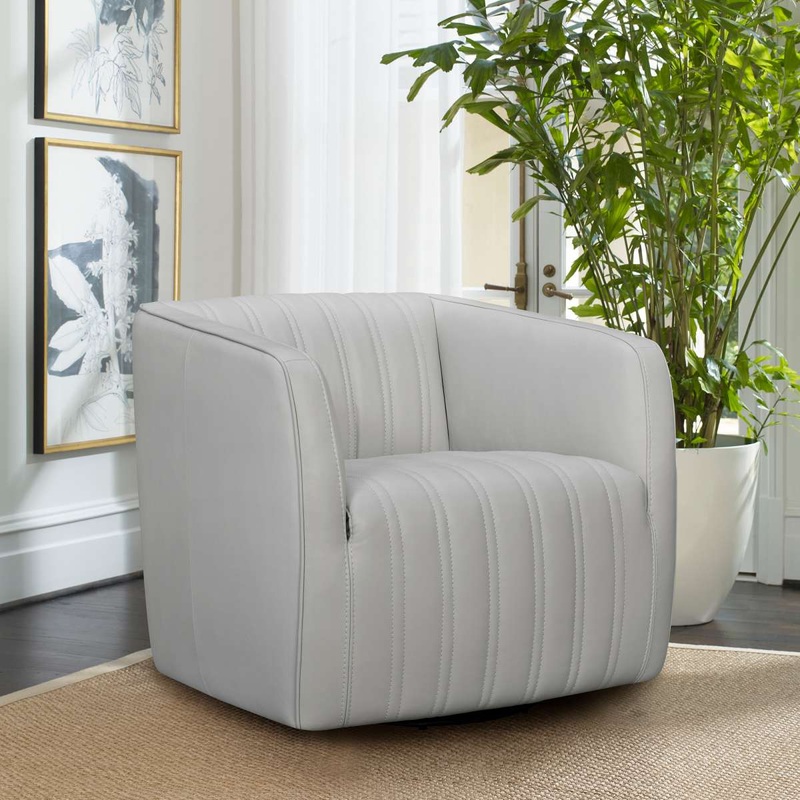 Aries Dove Gray Genuine Leather Swivel Barrel Chair By Armen Living