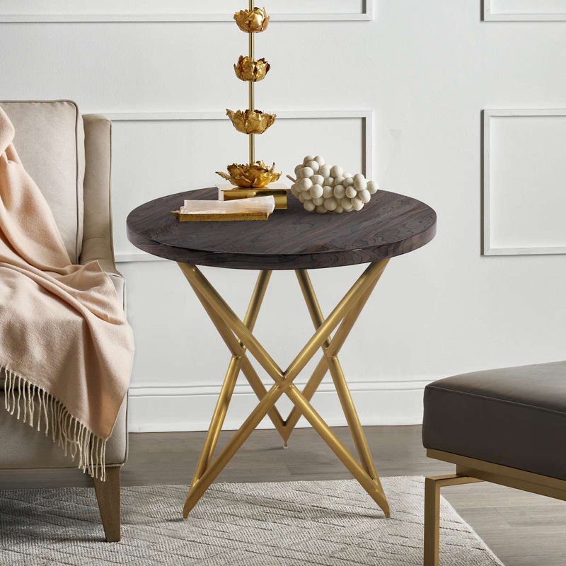 Atala Brown Veneer End Table with Brushed Gold Legs By Armen Living