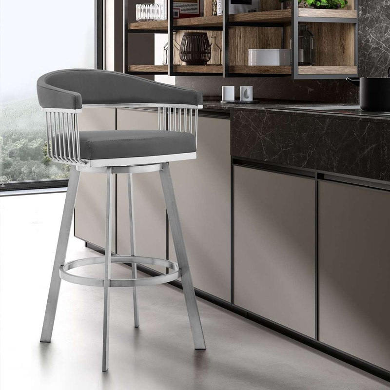 Bronson 26" Gray Faux Leather and Brushed Stainless Steel Swivel Bar Stool By Armen Living