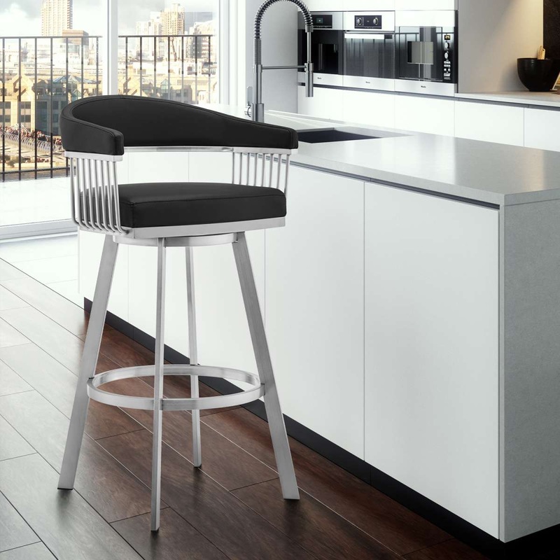 Bronson 30" Black Faux Leather and Brushed Stainless Steel Swivel Bar Stool By Armen Living