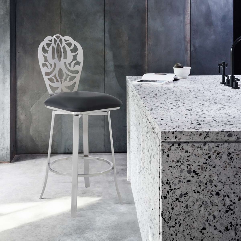 Cherie Contemporary 26" Counter Height Barstool in Brushed Stainless Steel Finish and Black Faux Leather By Armen Living