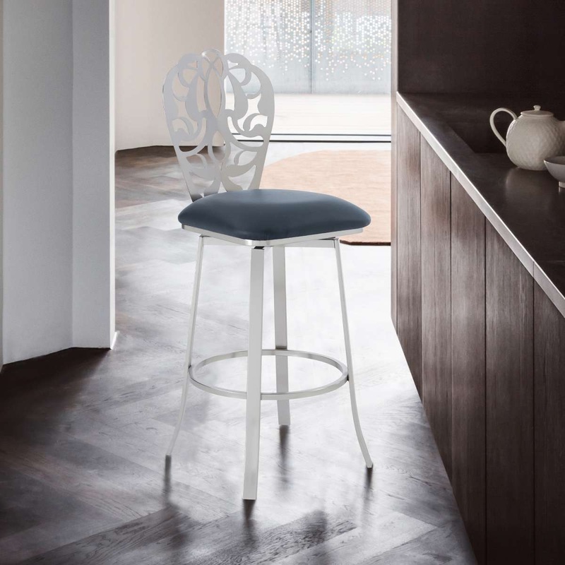 Cherie Contemporary 26" Counter Height Barstool in Brushed Stainless Steel Finish and Gray Faux Leather By Armen Living