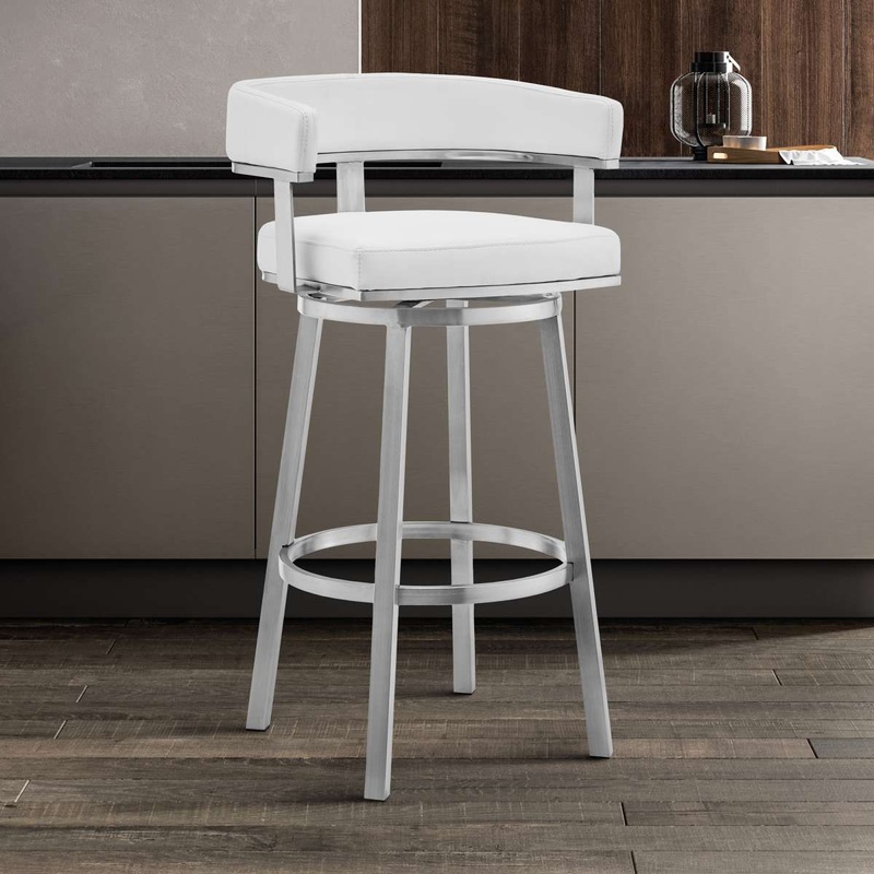 Cohen 26" White Faux Leather and Brushed Stainless Steel Swivel Bar Stool By Armen Living