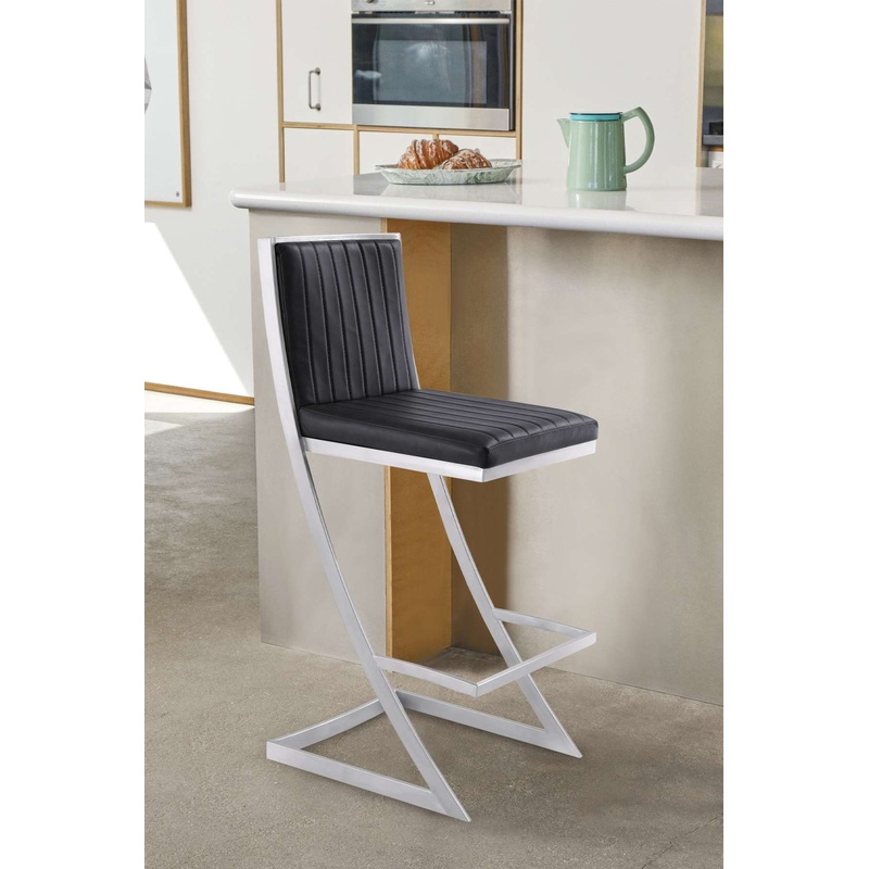 Pinellas 26" Vintage Black Faux Leather and Brushed Stainless Steel Bar Stool By Armen Living