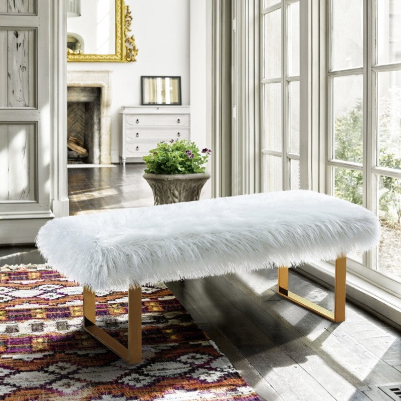 Zinna Contemporary Bench in White Fur and Gold Stainless Steel Finish By Armen Living