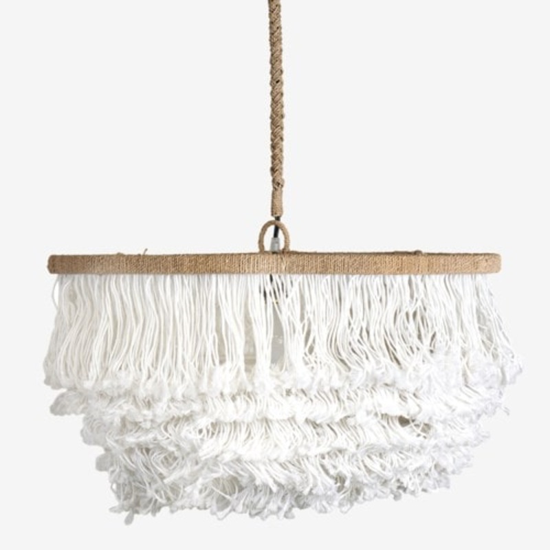 24" Lily Tiered Fringe String/Iron Pendant, White by Jeffan