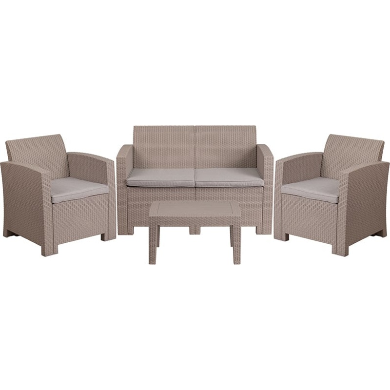 4 Piece Outdoor Faux Rattan Chair, Loveseat and Table Set in Light Gray by Flash Furniture