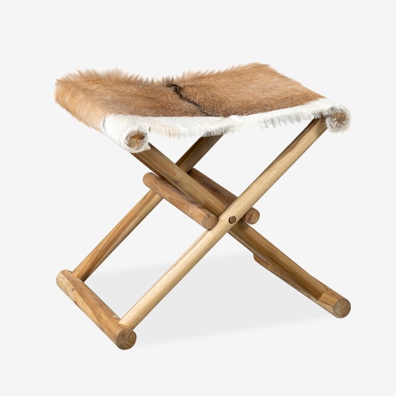 Campaign Folding Stool-Brown & White/Black Leather/Teak Set of 2 by Jeffan