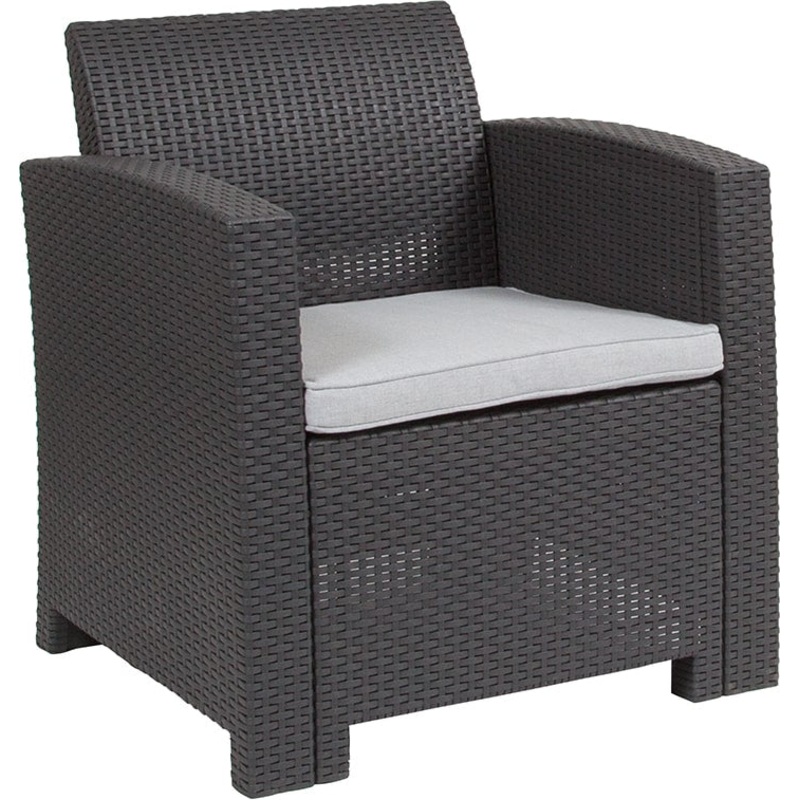 Dark Gray Faux Rattan Chair with All-Weather Light Gray Cushion by Flash Furniture