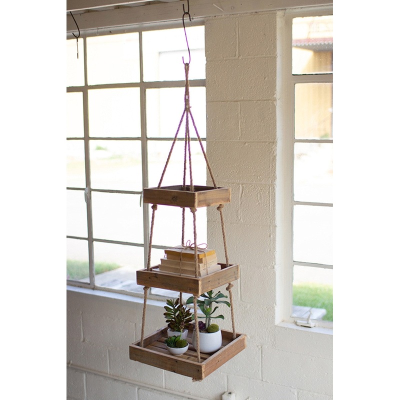 Hanging Three Tiered Square Recycled Wood Display With Jute Rope By Kalalou