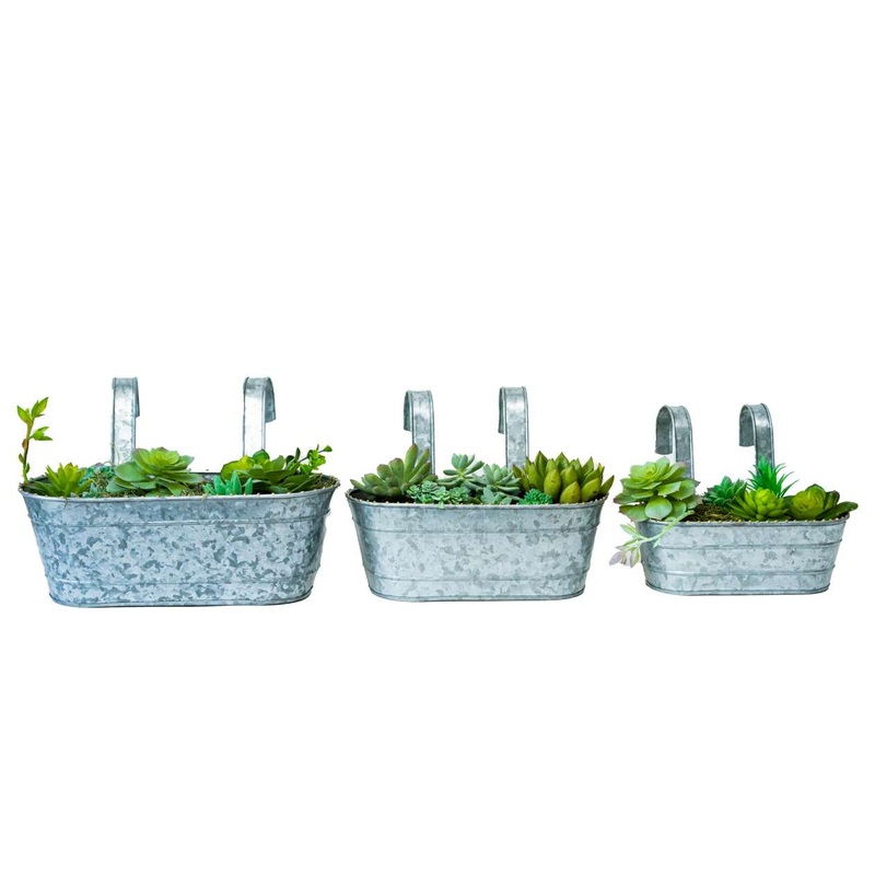 Wall/Railing/Deck Planters Zinc Finish, Oblong, Set of 3