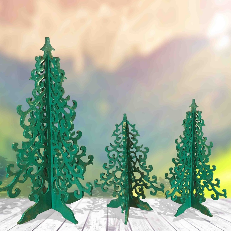 Yuletide Christmas Trees- Wooden-Set of 3- Green/Red/Pink/White