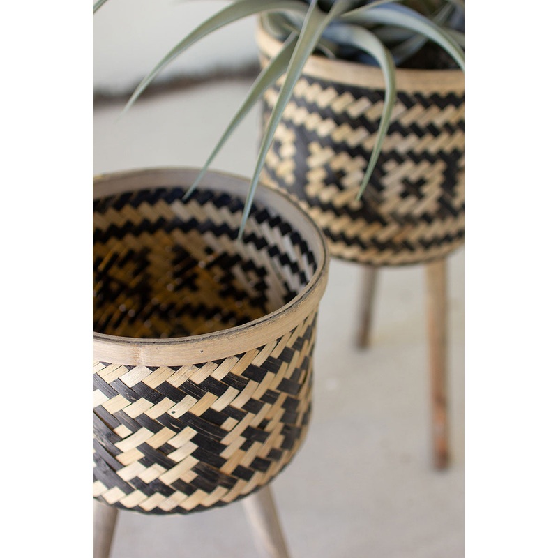 Woven Black & Natural Bamboo Plant Stands With Wood Legs Set Of 2 By Kalalou