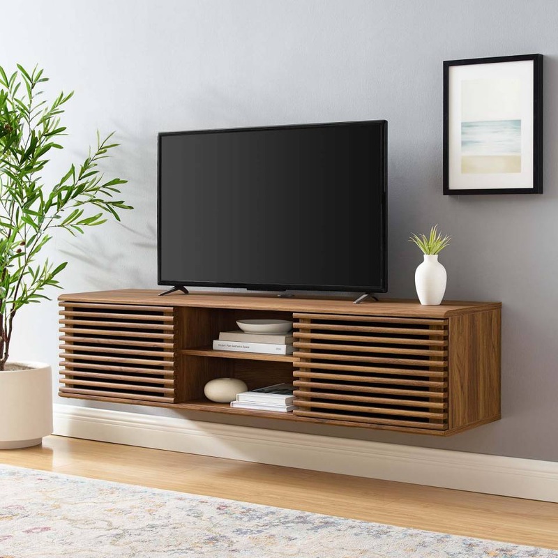 Modway Render 60" Wall-Mount Media Console TV Stand - EEI-4267 for flat screen upto 65 in  Walnut Console table  Adjustable center shelf  sliding doors