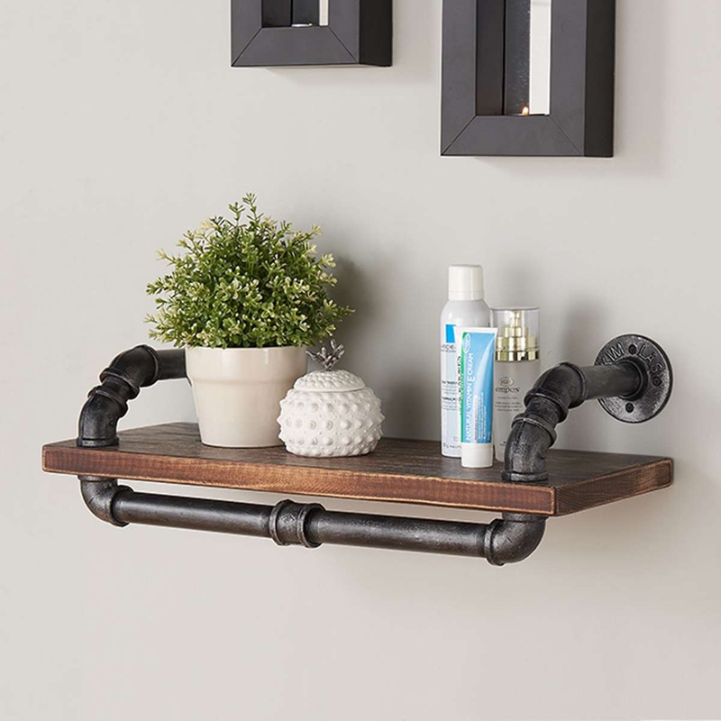 24" Isadore Industrial Pine Wood Floating Wall Shelf in Gray and Walnut Finish By Armen Living