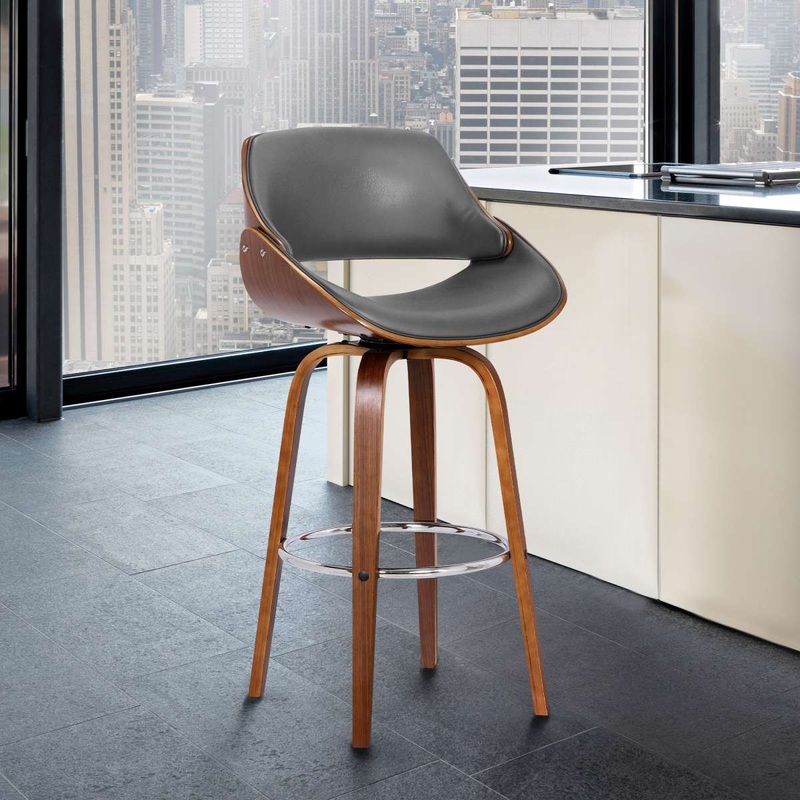 Mona 30" Bar Height Swivel Grey Faux Leather and Walnut Wood Bar Stool By Armen Living