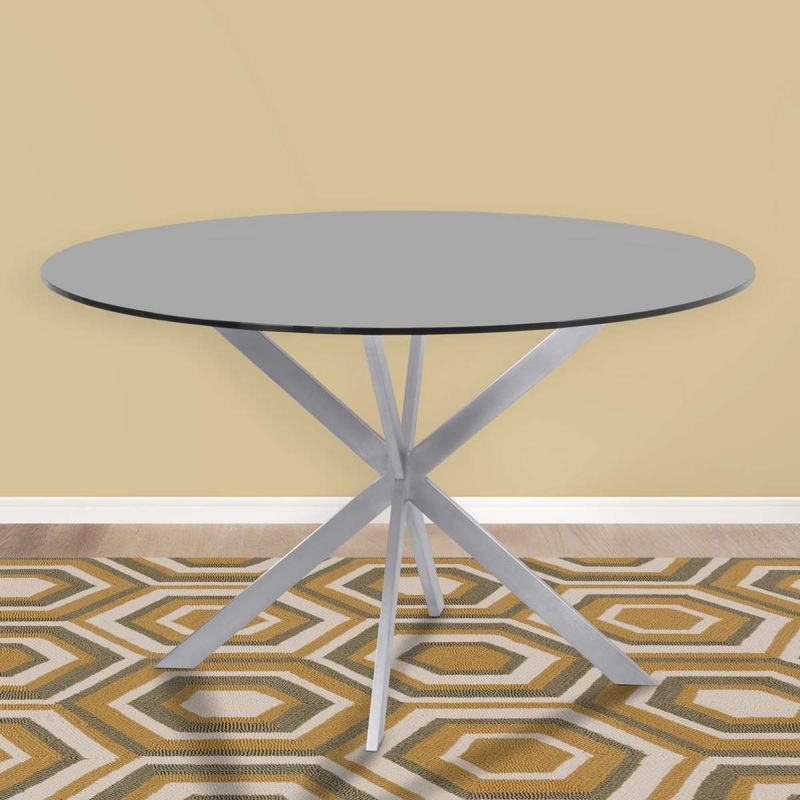 Mystere Round Dining Table in Brushed Stainless Steel with Gray Tempered Glass Top By Armen Living