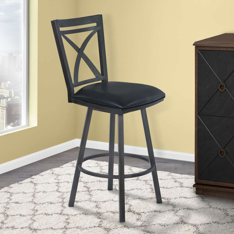 Nova 26" Counter Height Metal Swivel Barstool in Ford Black Pu and Mineral Finish By Armen Living