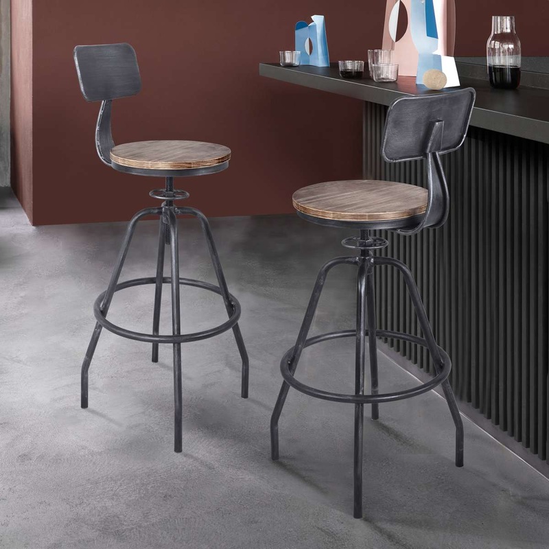Perlo Industrial Adjustable Barstool in Industrial Gray and Pine Wood By Armen Living