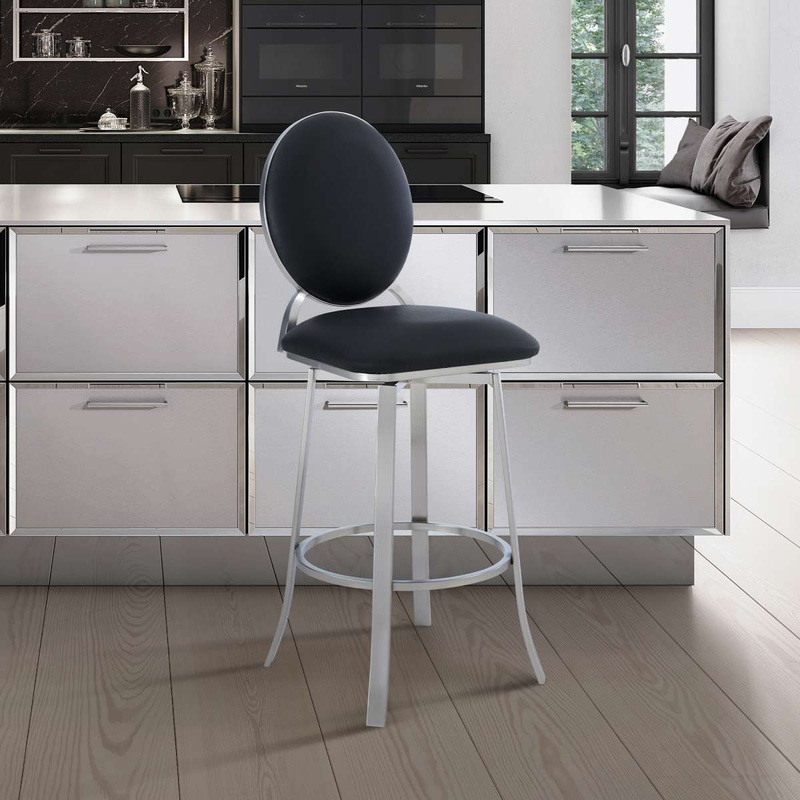 Pia Contemporary 30" Bar Height Barstool in Brushed Stainless Steel Finish and Black Faux Leather By Armen Living