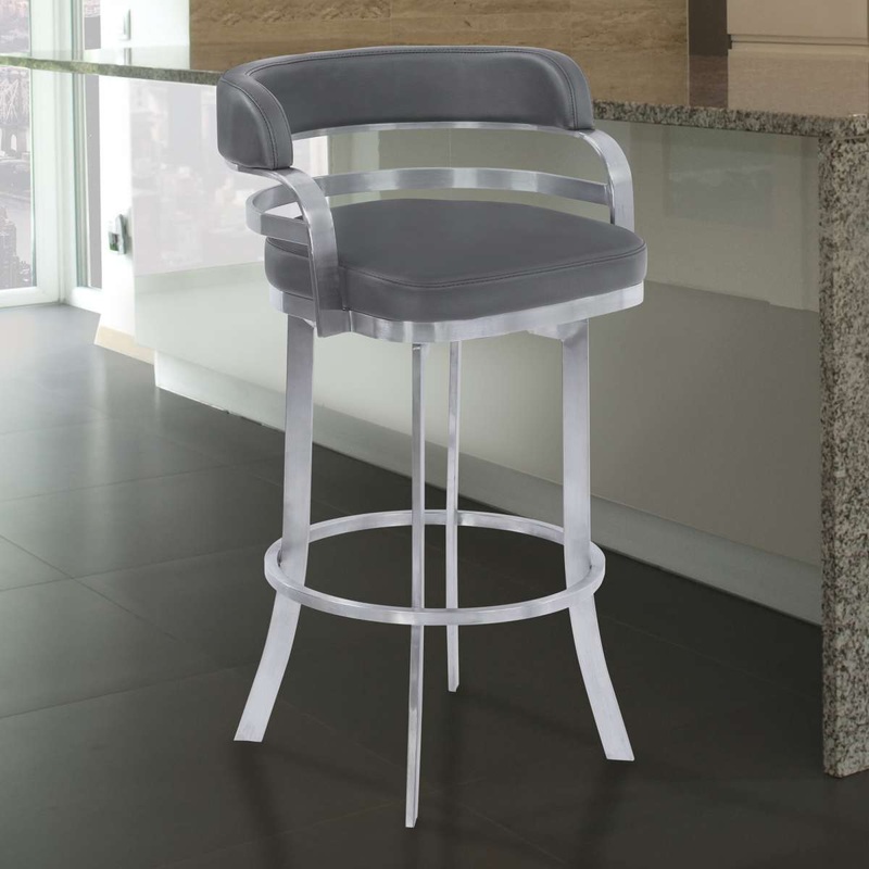 Prinz 26" Counter Height Swivel Grey Faux Leather and Brushed Stainless Steel Bar Stool By Armen Living