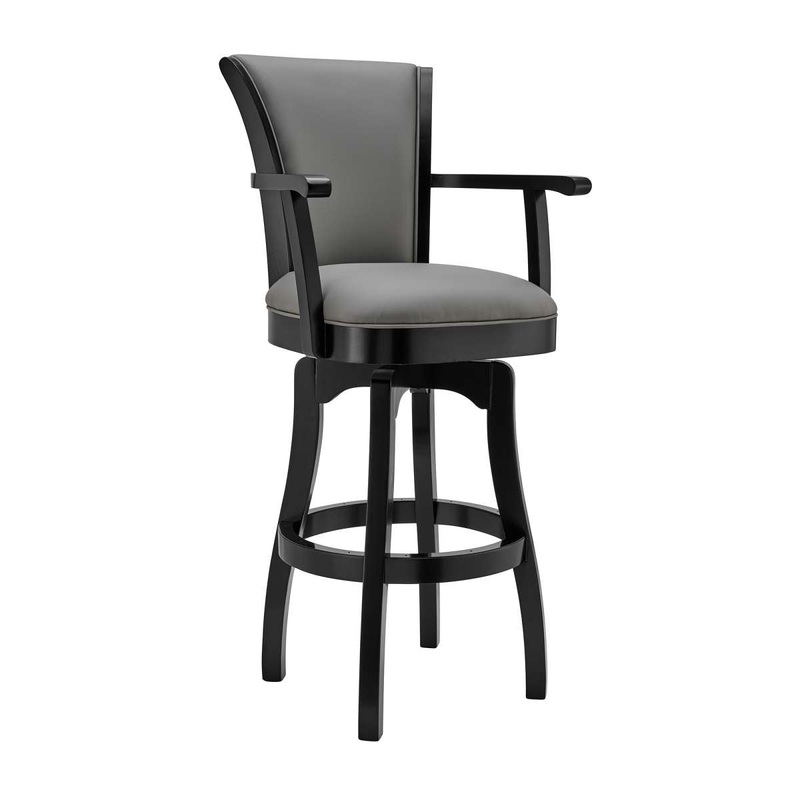 Raleigh 30" Bar Height Swivel Grey Faux Leather and Black Wood Arm Bar Stool By Armen Living
