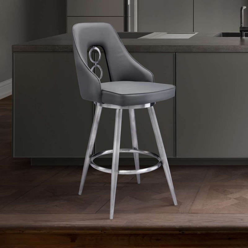 Ruby 30" Bar Height Swivel Black Faux Leather and Brushed Stainless Steel Bar Stool By Armen Living