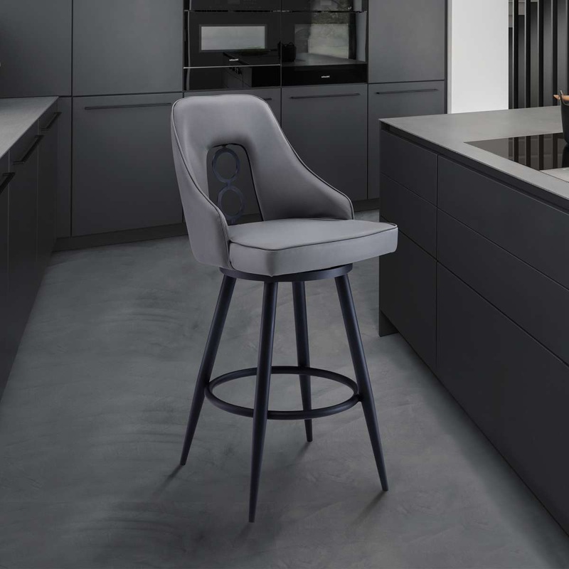 Ruby 30" Bar Height Swivel Grey Faux Leather and Black Metal Bar Stool By Armen Living
