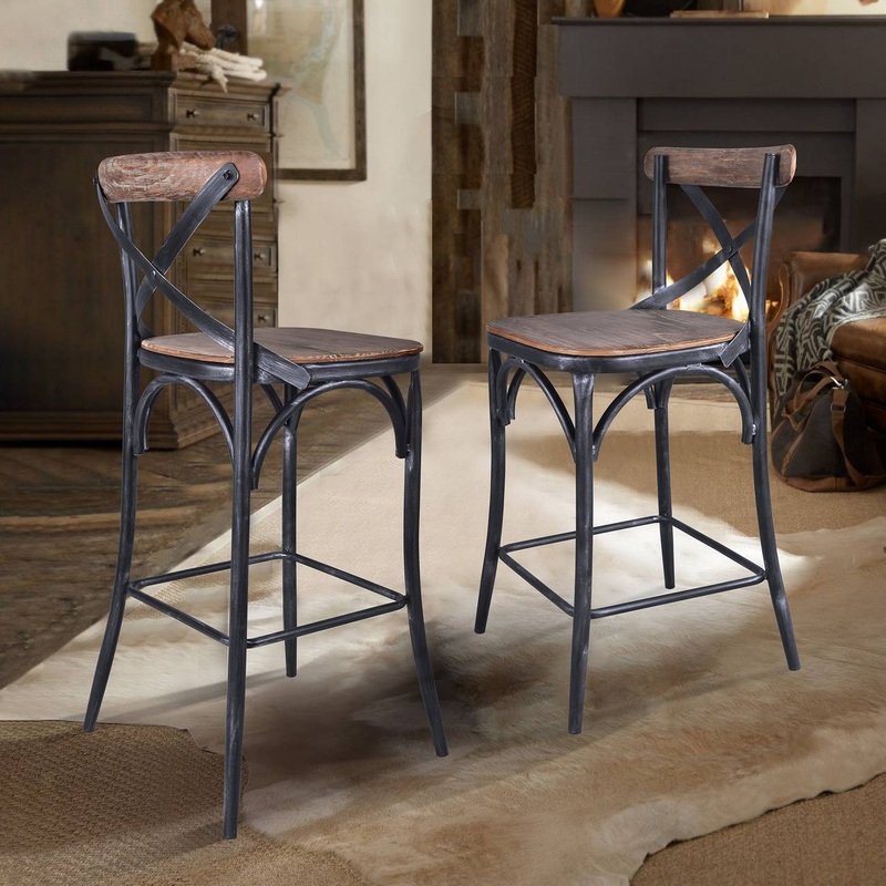 Sloan 26 Industrial Grey and Pine Wood X-Back Counter Height Counter Stool By Armen Living