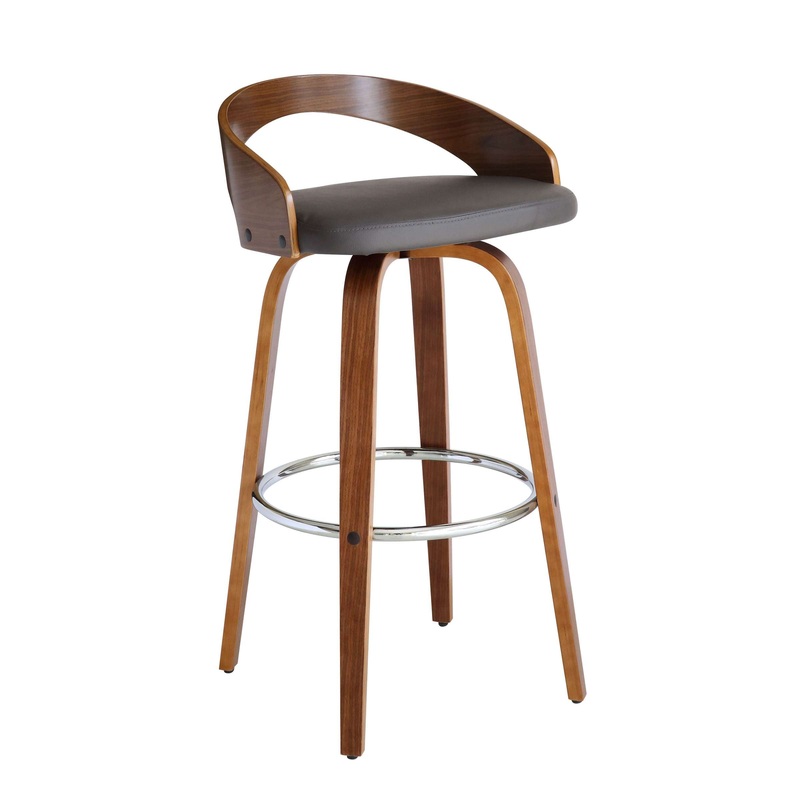 Sonia 30" Bar Height Swivel Grey Faux Leather and Walnut Wood Bar Stool By Armen Living