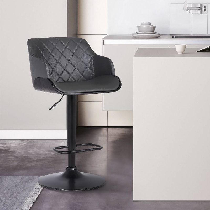 Toby Grey Faux Leather Adjustable Height Swivel Black Wood and Metal Bar Stool By Armen Living