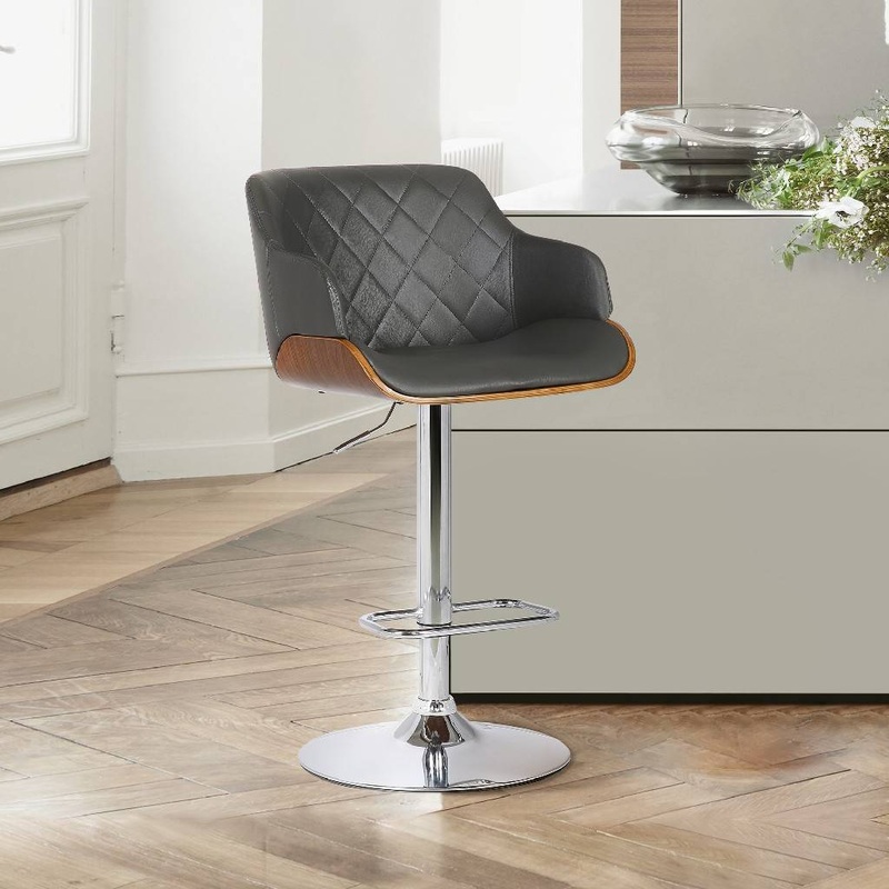 Toby Grey Faux Leather Adjustable Height Swivel Walnut Wood and Chrome Bar Stool By Armen Living