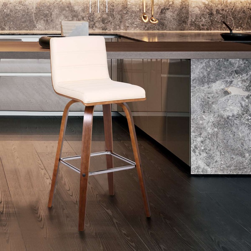 Vienna 30" Bar Height Swivel Cream Faux Leather and Walnut Wood Bar Stool By Armen Living