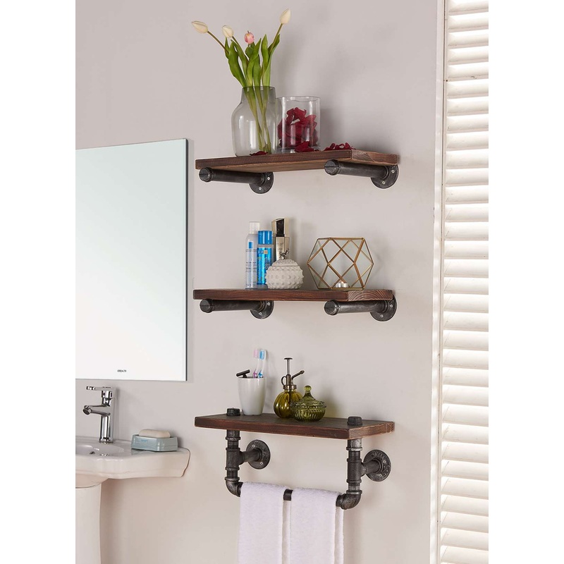 20" Conrad Industrial Pine Wood Floating Wall Shelf in Gray and Walnut Finish By Armen Living