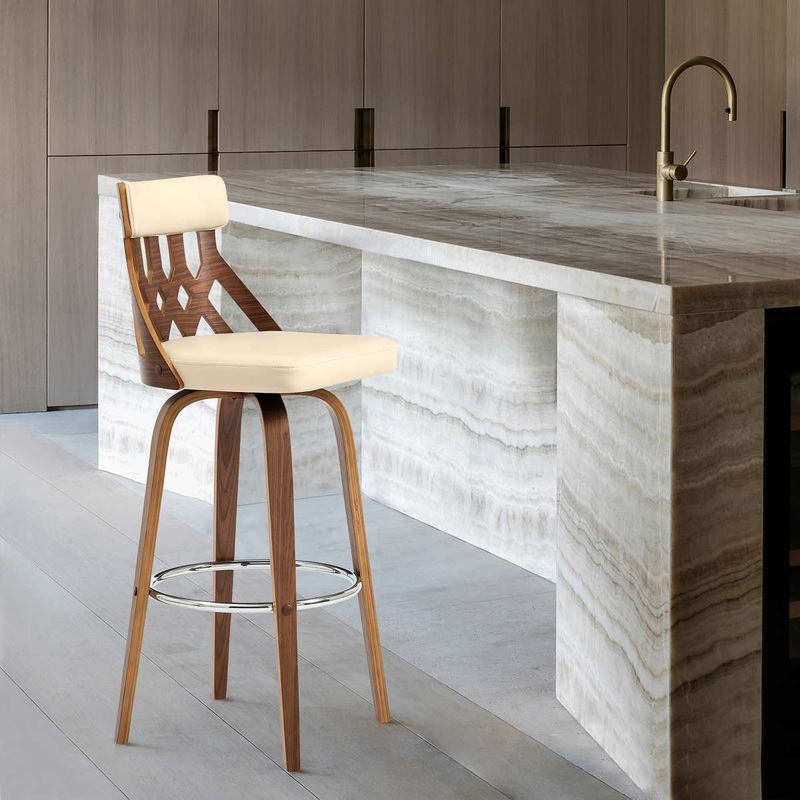 Crux 26" Swivel Bar Stool in Cream Faux Leather and Walnut Wood By Armen Living