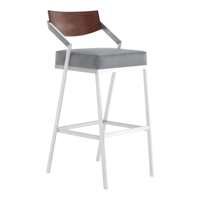 Dakota Mid-Century 30" Counter Height Barstool in Brushed Stainless Steel with Gray Faux Leather and Walnut Wood Finish Back By Armen Living