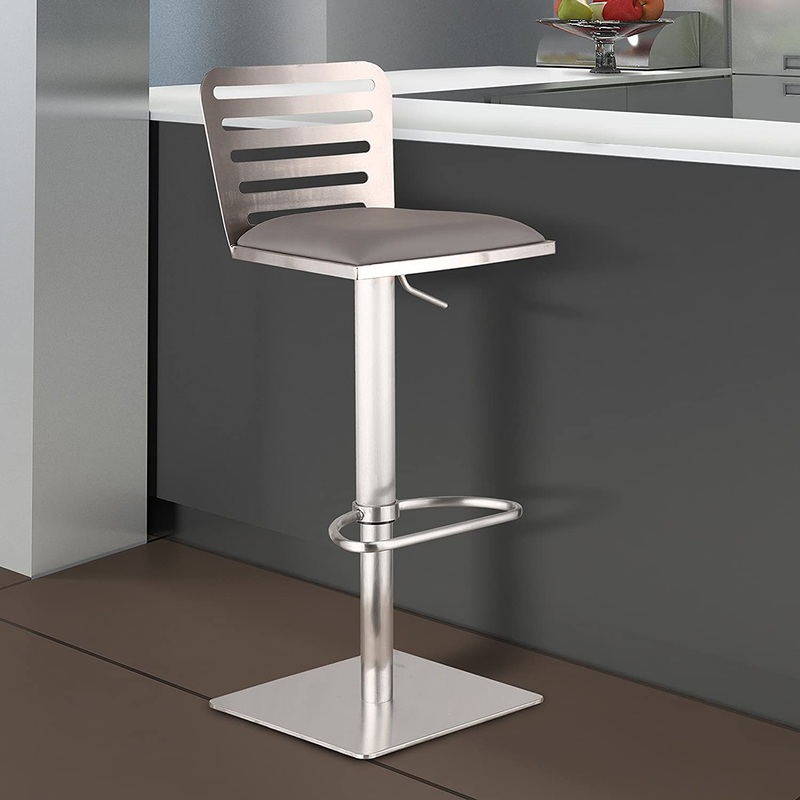Delmar Adjustable Brushed Stainless Steel Barstool in Gray Faux Leather By Armen Living