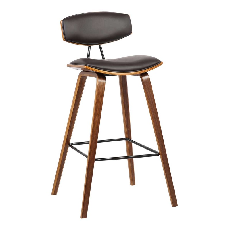 Fox 25.5" Counter Height Brown Faux Leather and Walnut Wood Mid-Century Modern Bar Stool  By Armen Living