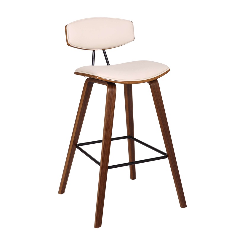 Fox 28.5" Bar Height Cream Faux Leather and Walnut Wood Mid-Century Modern Bar Stool By Armen Living